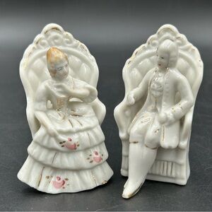 Colonial Couple Figurines Bisque Porcelain Gold Trim Hand Painted Set VTG Japan